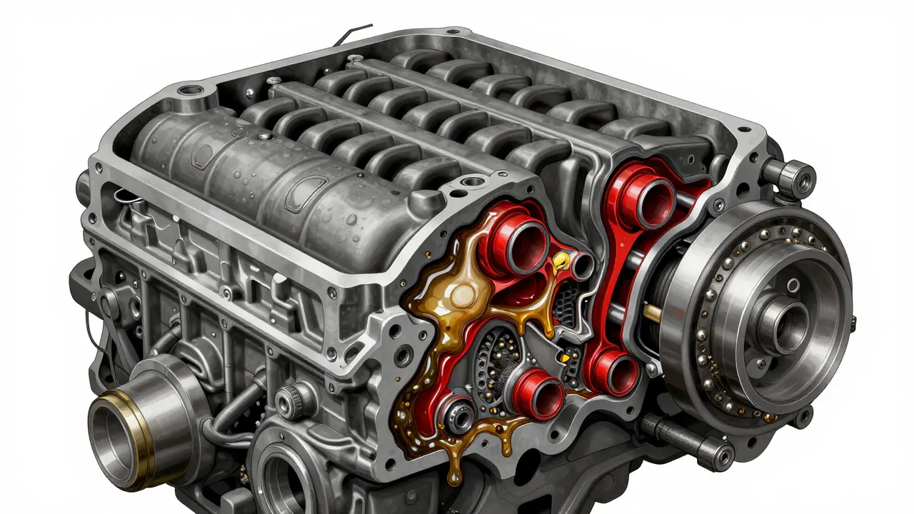 Průřez motorem Mercedes-Benz ukazující postupné znečištění olejových kanálů a selhání VVT systému při nevýměně oleje.