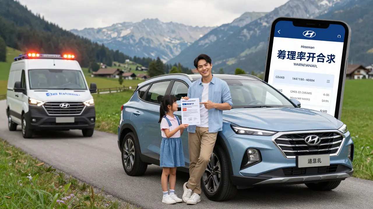 Rodina u auta Hyundai na cestě, když přijíždí servisní vozidlo, s tabletou zobrazující stav záruky.