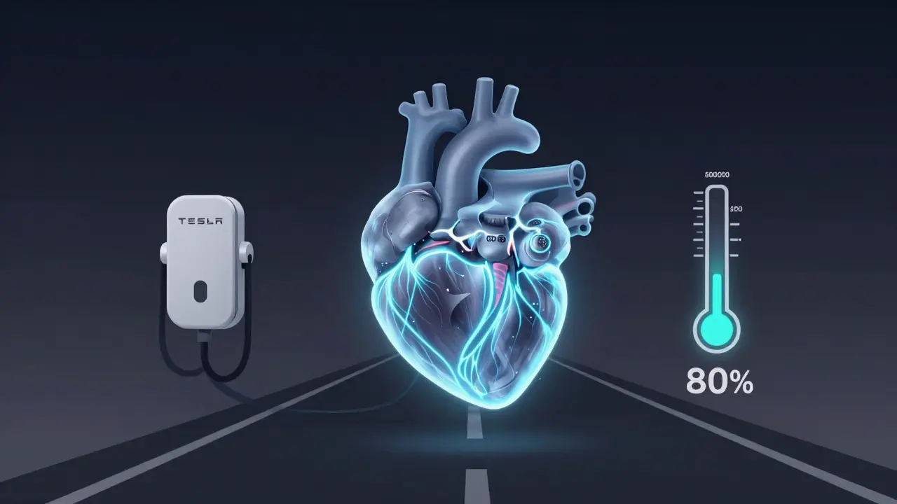 Tesla battery as a glowing heart with icons for optimal charging and 500,000 km road.