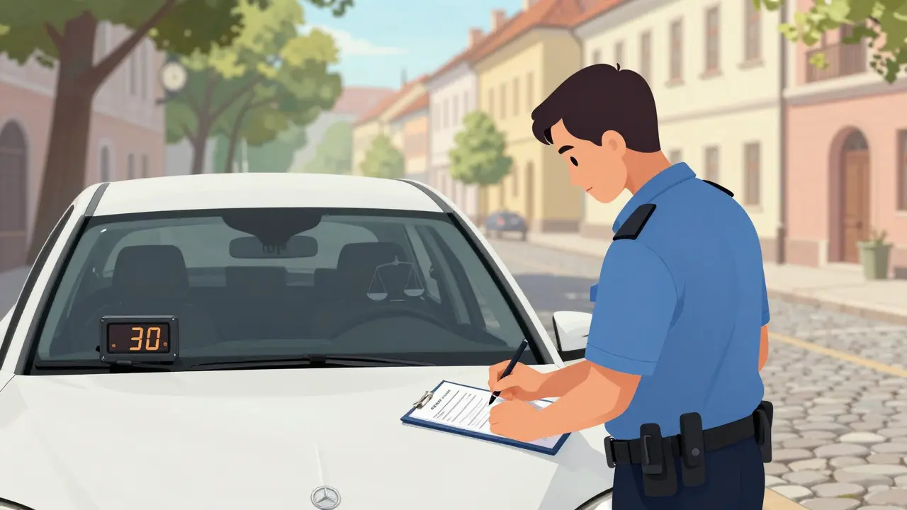 Úředník vyplňuje protokol u auta s časovačem 30 minut, symbolizující právní postup před odvozem.