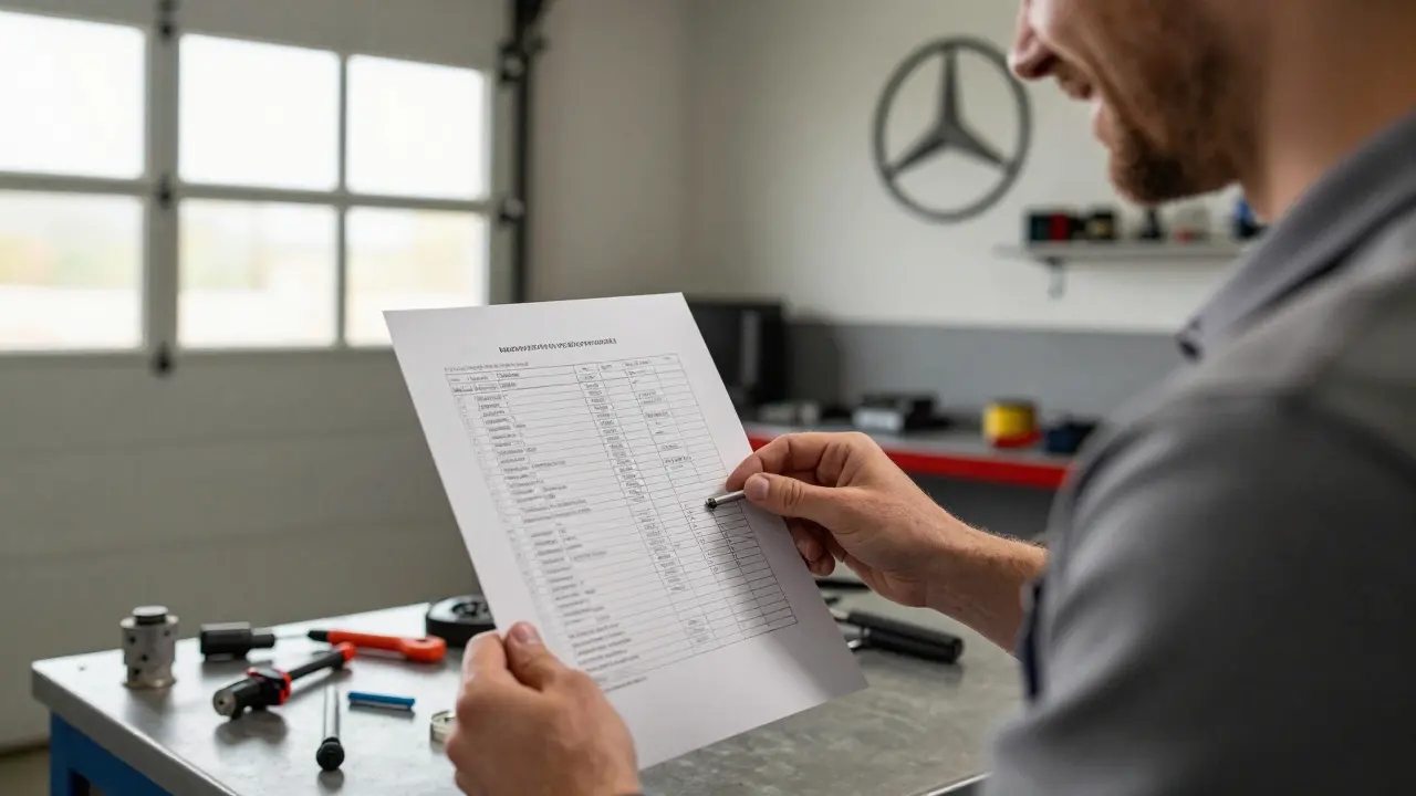 Vlastník Mercedesu drží tiskovou diagnostickou zprávu, zatímco technik ukazuje na senzor v dílně.