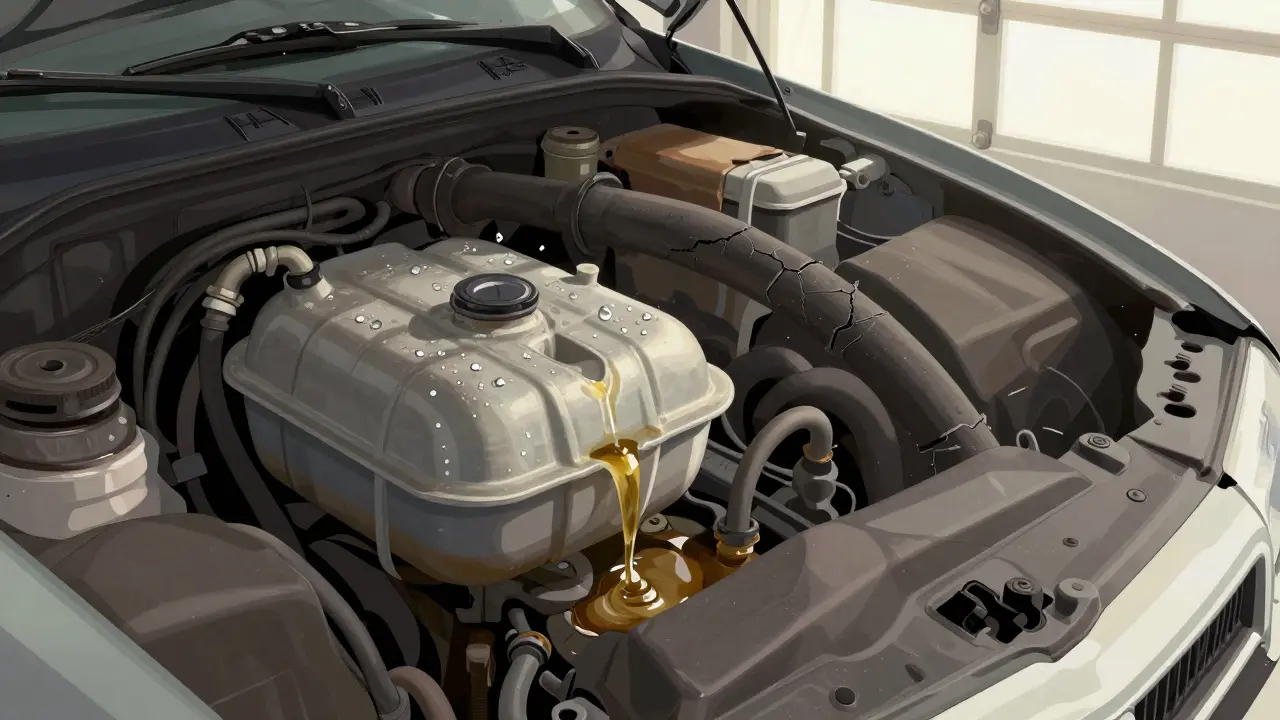 Vnitřek motorového prostoru s usazeným olejem a kondenzací v nádrži.