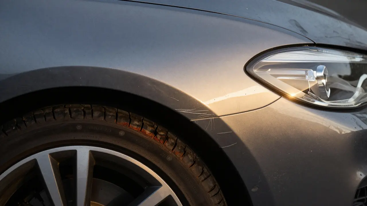 Voda proniká do neopraveného škrábání na křídle BMW, zatímco opravená oblast září jako symbol dlouhodobé úspory.