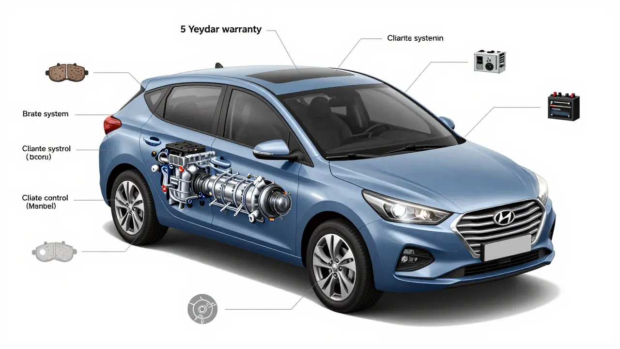X-ray stylizovaného auta Hyundai s označenými součástmi pokrytými zárukou a vyloučenými díly v šedé.