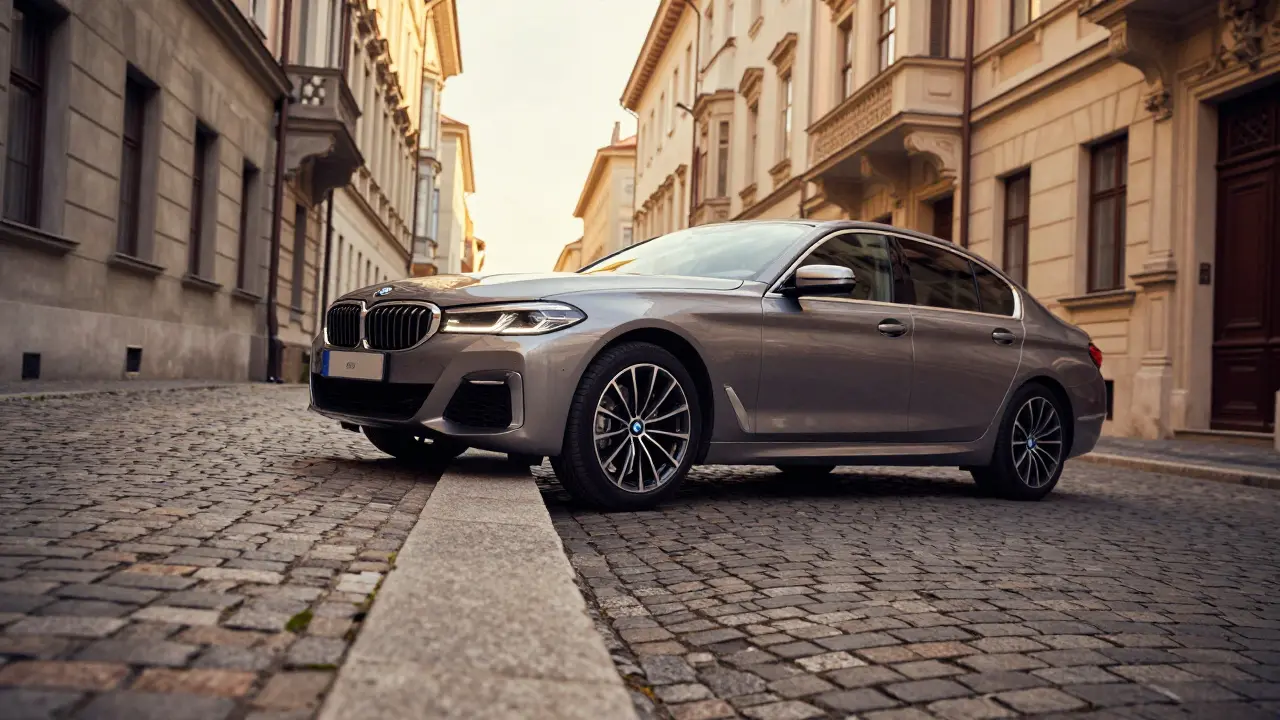 BMW auto vyjíždí širokým obloukem, aby chránilo pneumatiky před obrubníkem