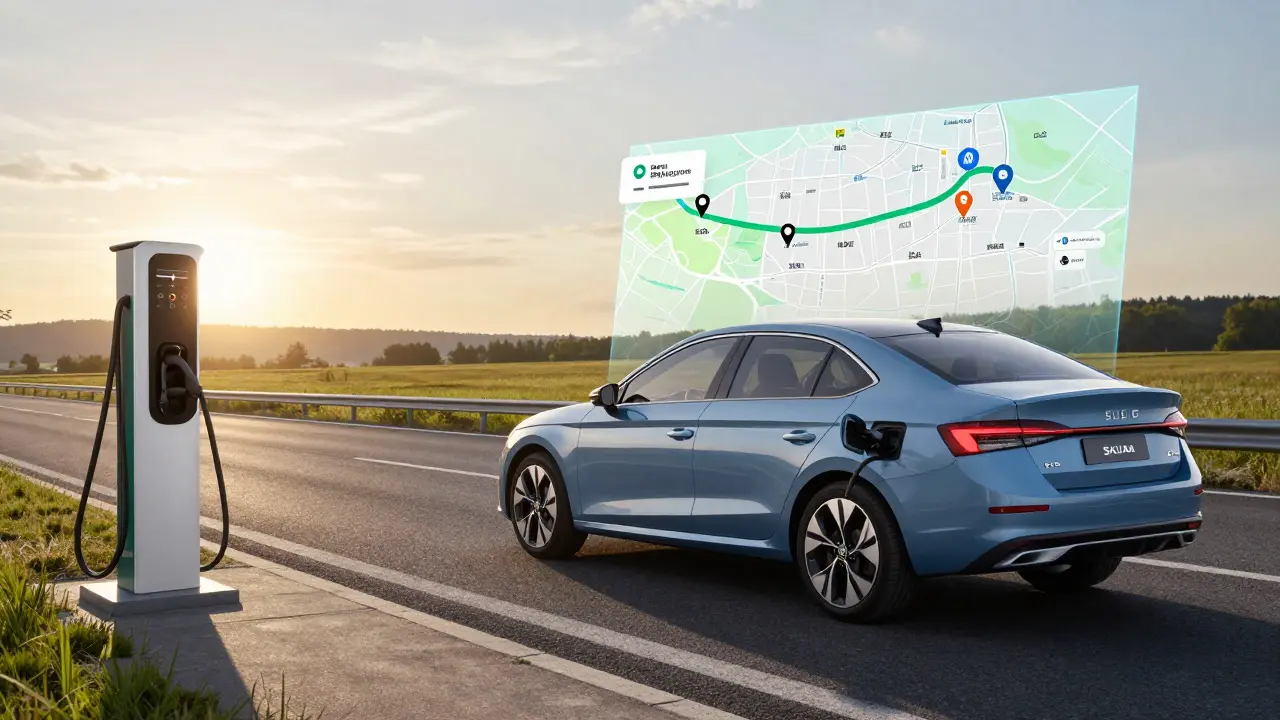 Elektromobil Škoda u nabíjecí stanice s digitálním plánováním trasy.