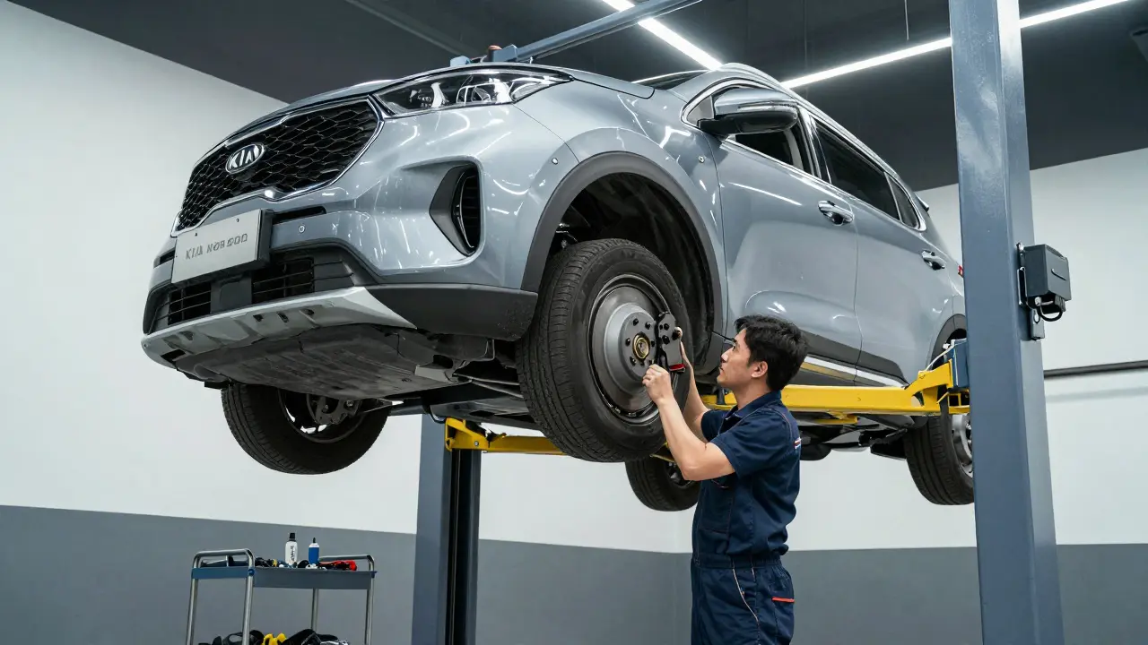 Kia Sportage na zvedáku v autorizovaném servisu při kontrole brzd.