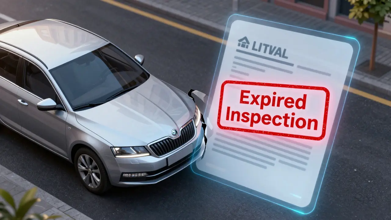 Kolize Škoda Octavia a symbol propadlé STK u pojištění