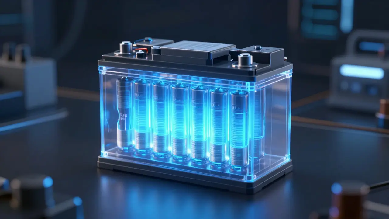 Konceptuální znázornění Li-ion baterie s vizualizací degradace její kapacity.