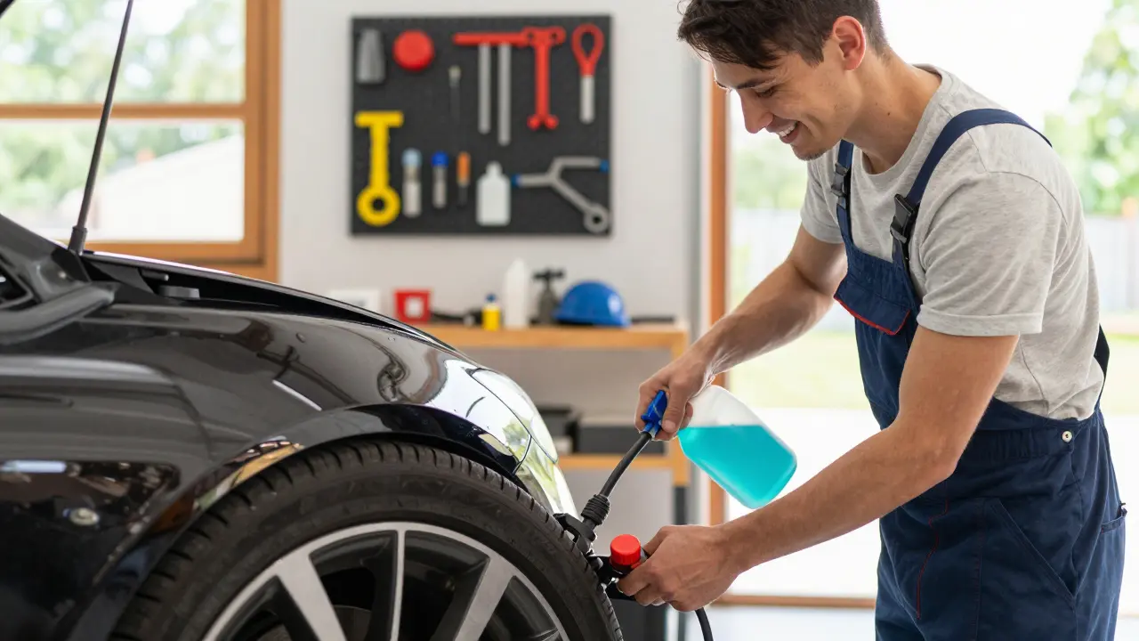 Majitel auta kontroluje pneumatiky ve vlastní garáži.