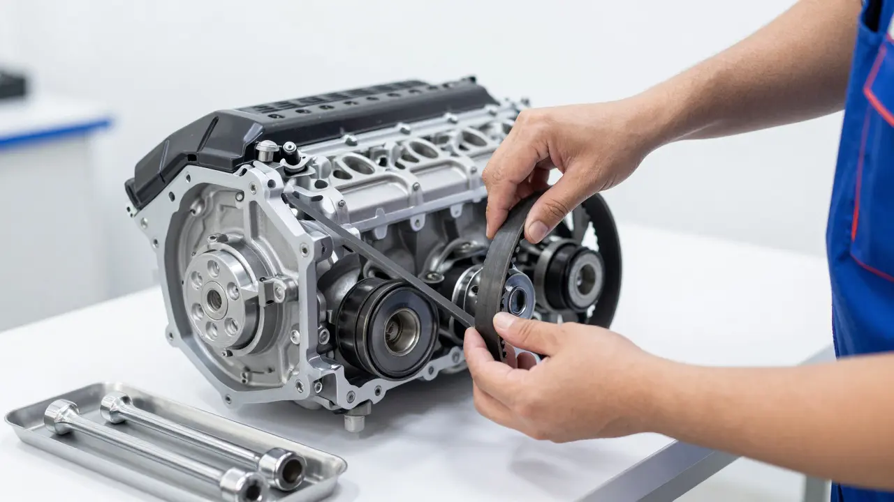 Mechanik instaluje nový set rozvodů včetně vodní pumpy do motoru Fordu.