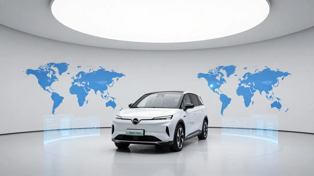 Moderní elektrický Opel v futuristickém designovém studiu Stellantis.