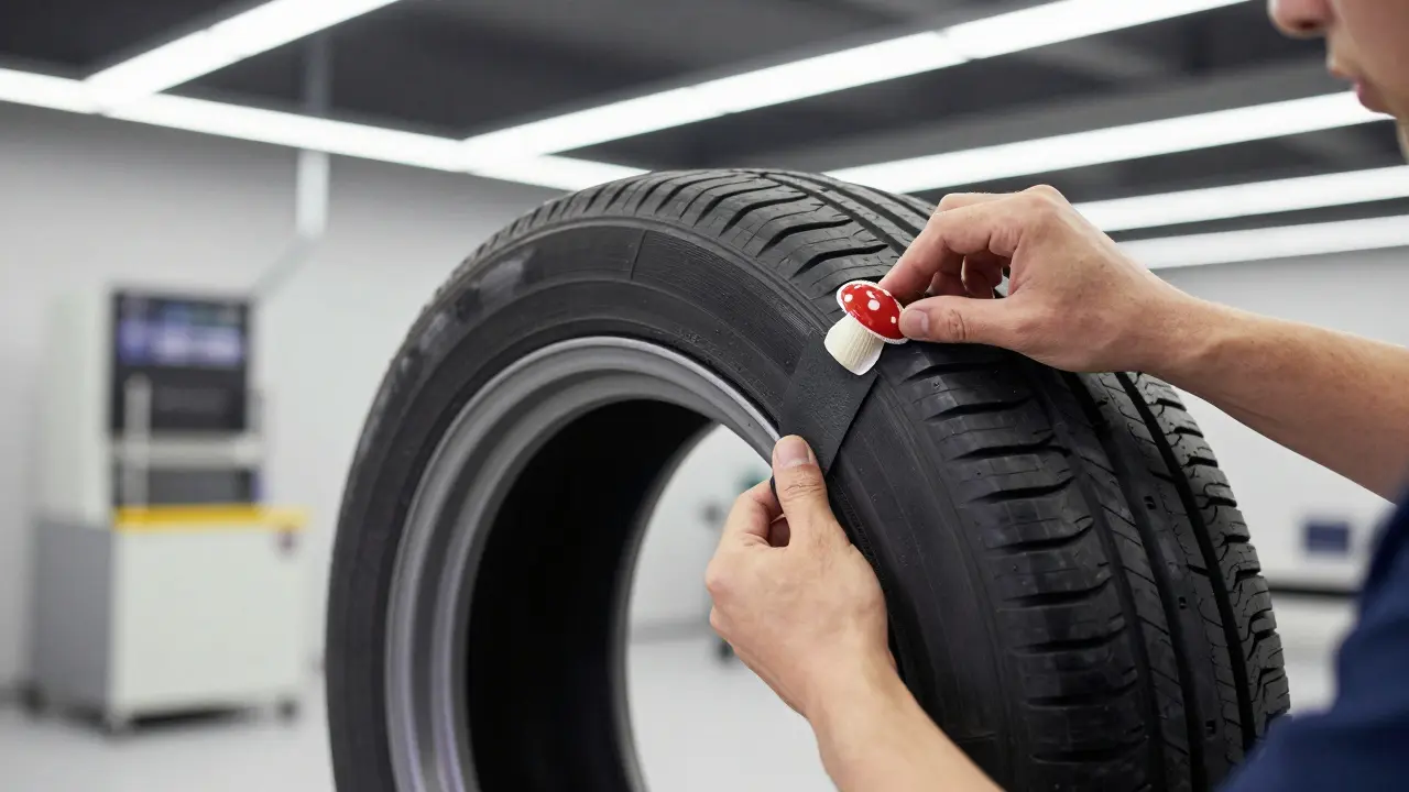 Profesionální oprava pneumatiky metodou vulkanizace s použitím houbové záplaty v servisu.