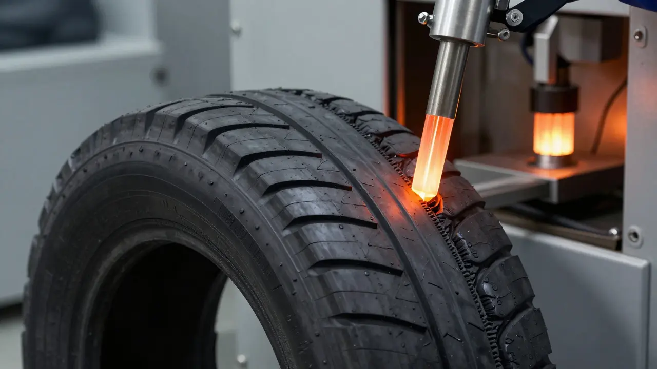 Profesionální proces tepelné vulkanizace poškozené pneumatiky