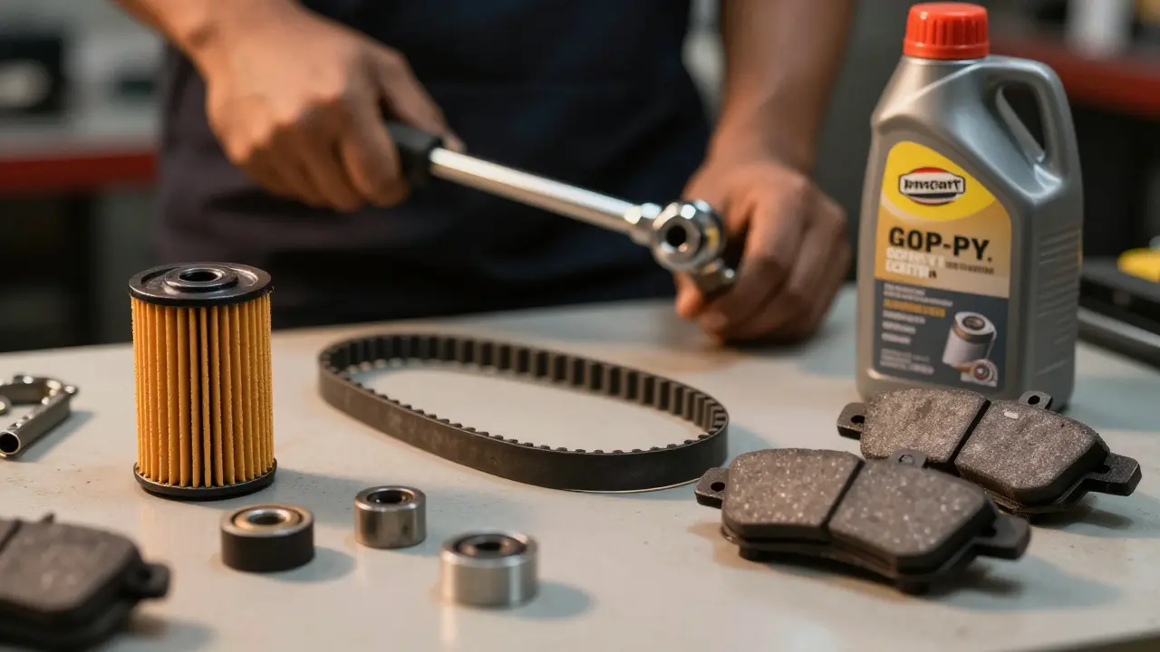 Sada náhradních dílů včetně olejového filtru a rozvodového řemenu na stole.