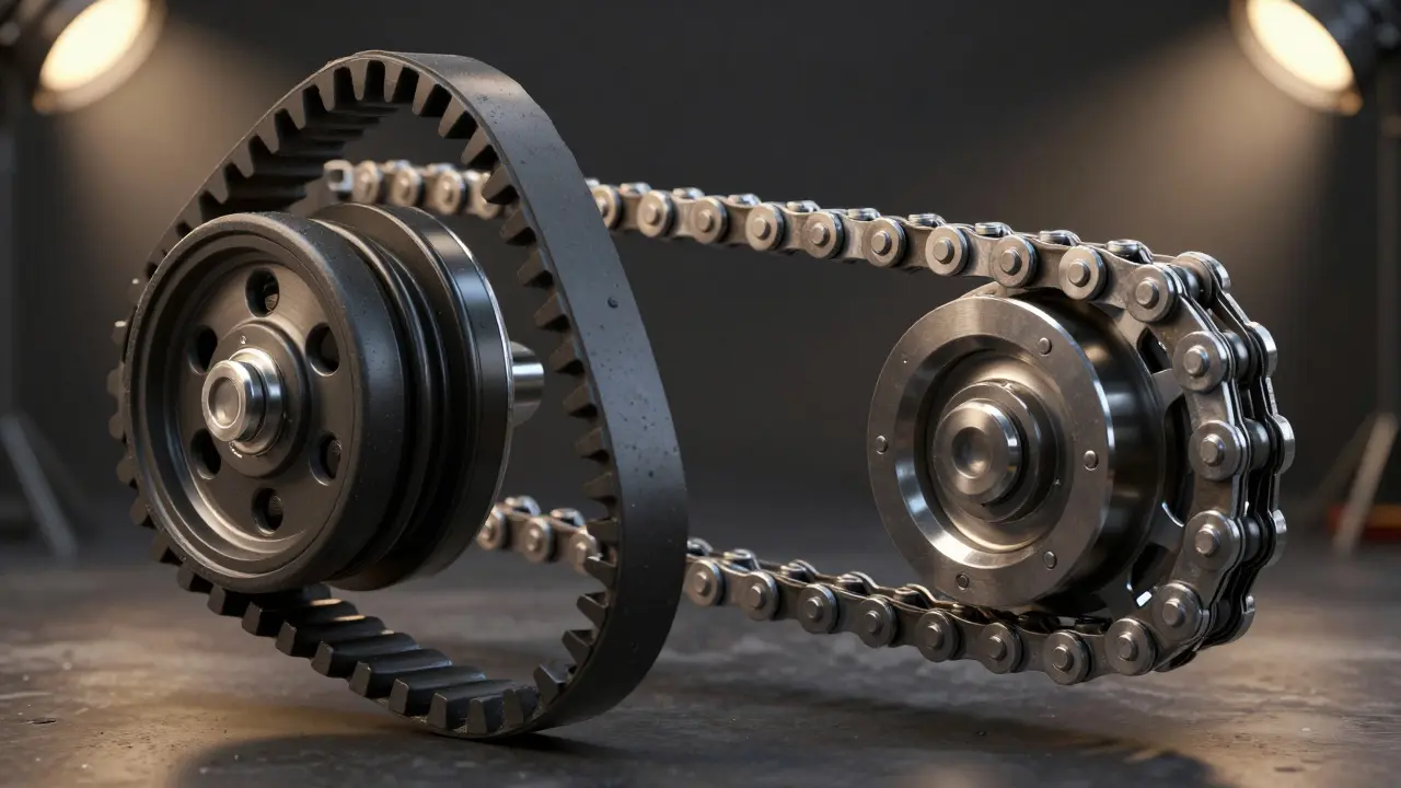 Srovnání rozvodového řemene a ocelového řetězu v motoru auta.