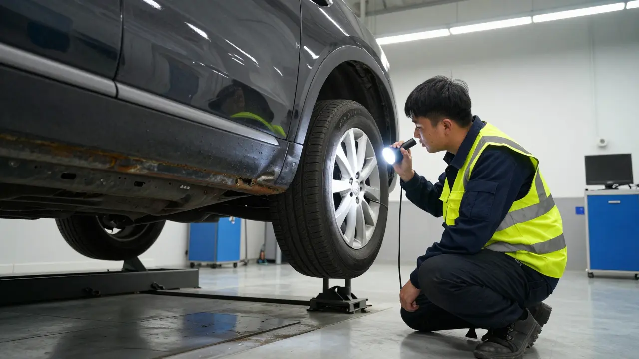 Technik kontroluje podvozek a pneumatiky vozu v STK stanici