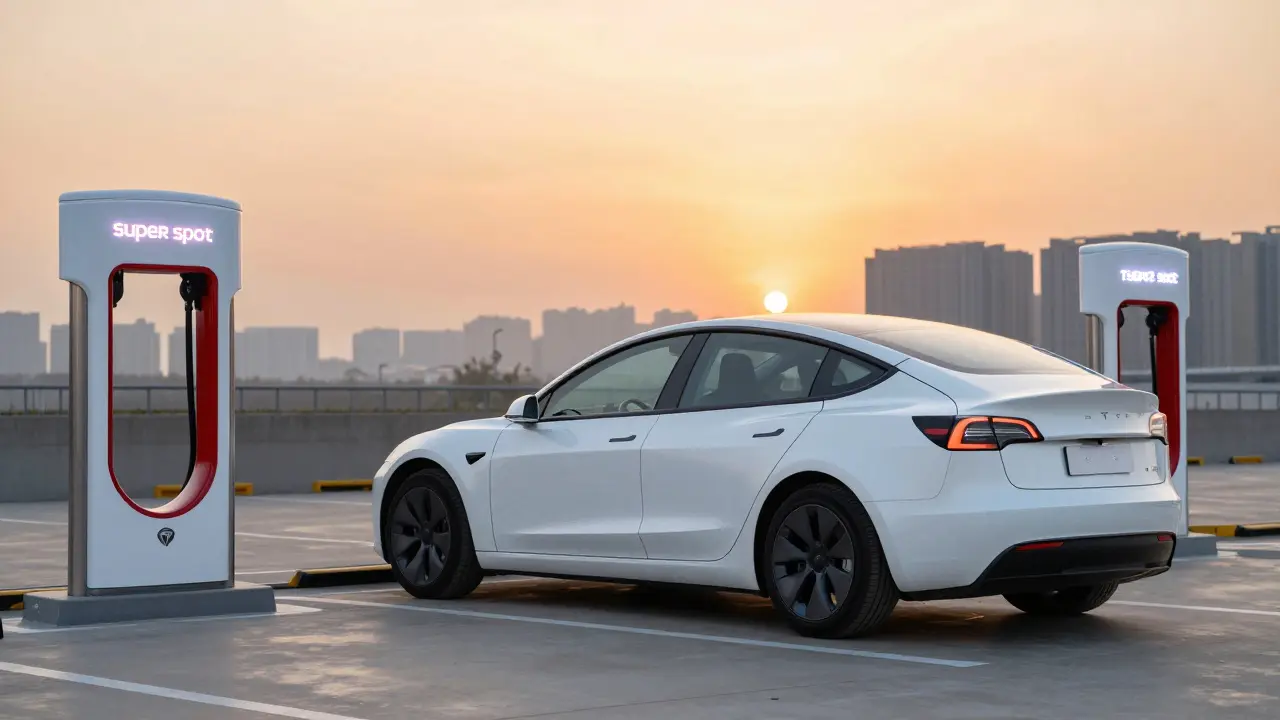 Tesla Model 3 připojená k Superchargeru během zlaté hodiny při západu slunce.