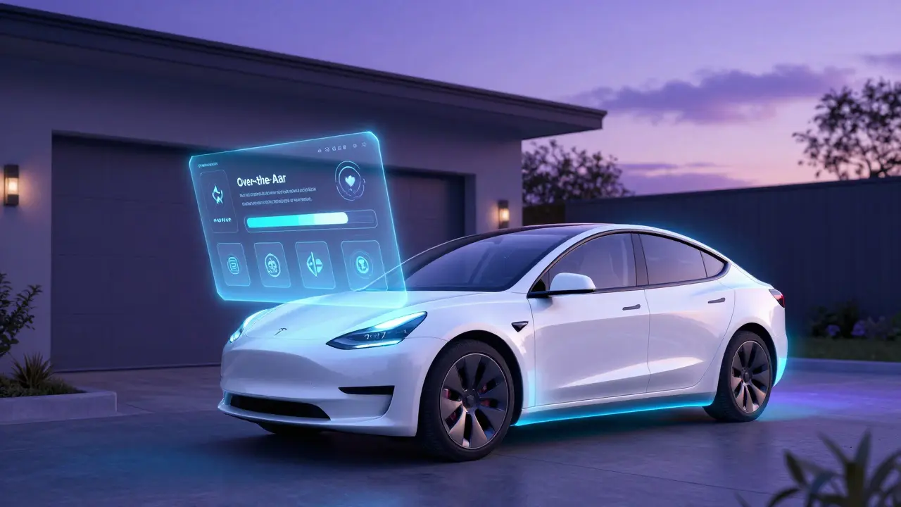 Tesla s holografickými prvky znázornujícími aktualizace softwaru přes vzduch.